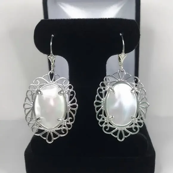 Beautiful Mother of Pearl Earrings in Sterling Silver 2 inch - Picture 1 of 8